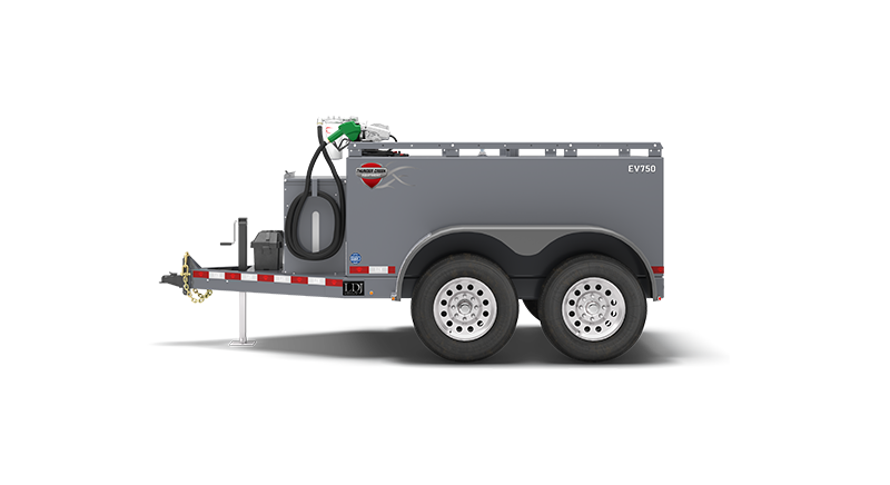 Economy Value Fuel and Service Trailer in stainless steel fits 750 gallons of fuel parked in side view with a black fuel pump on top of the trailer.